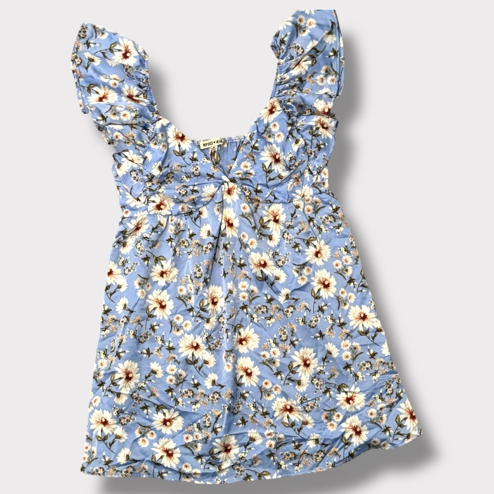 Floral Blue Ruffle Sleeve A-line Slip Babydoll Dress
